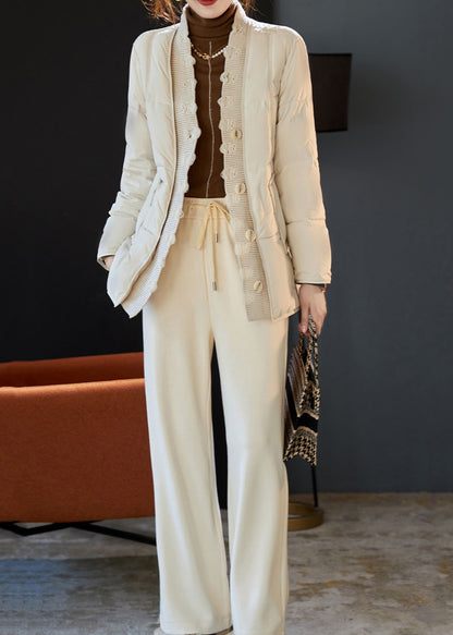 Beige V Neck Patchwork Duck Down Puffers Jackets Winter
