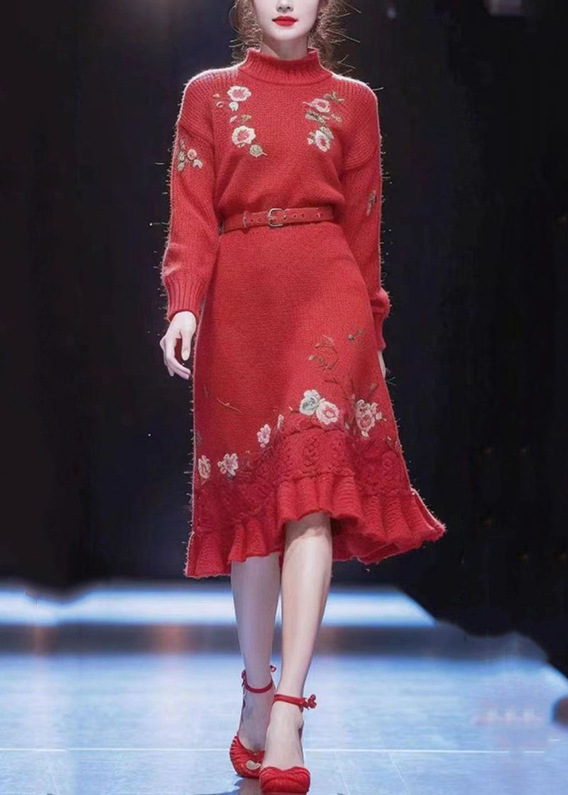 Vogue Red Turtleneck Sashes Cotton Knit Long Sweater Dress Winter