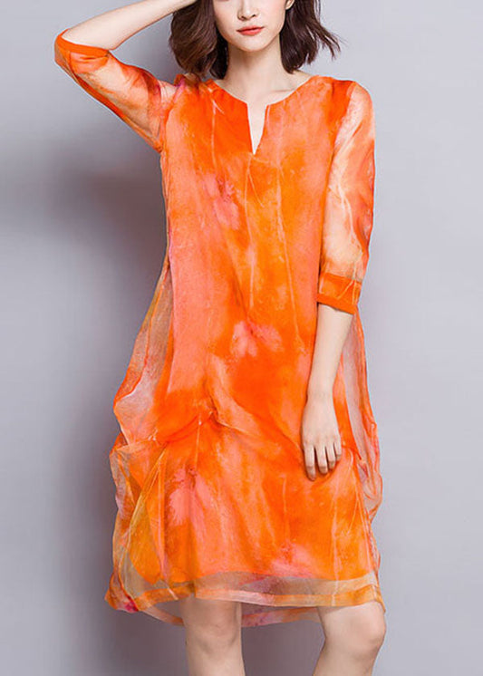 Orange V Neck Print Layered Design Silk Vacation Dress Half Sleeve