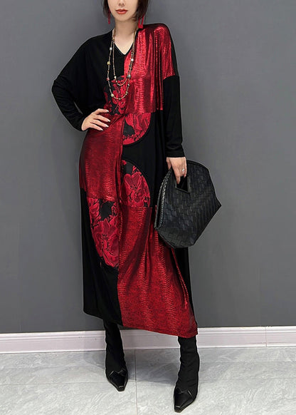 Red Black V Neck Print Patchwork Cotton Long Dress Fall