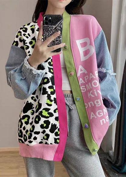 Pink V Neck Print Denim Patchwork Knit Cardigan Spring