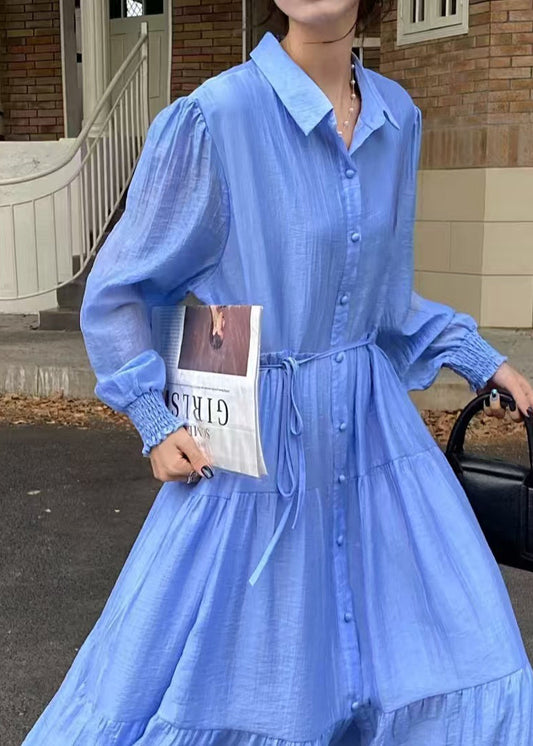 Blue Tie Waist Exra Large Hem Cotton Shirt Dresses Fall