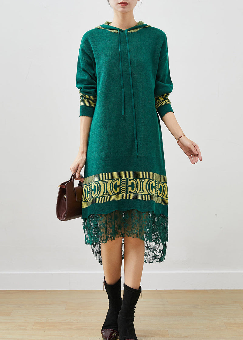 Green Hooded Patchwork Lace Knit Vacation Dresses Spring