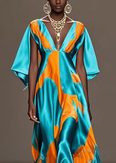 Green V Neck Print Silk Holiday Dress Cloak Sleeves