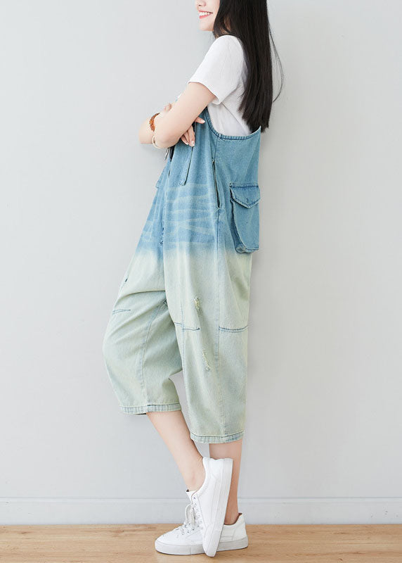 Light Blue Patchwork Gradient Color Cotton Overalls Jumpsuit Spring