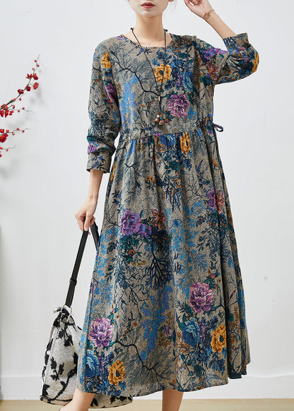 Peacock Blue Cinched Print Cotton Dress Spring
