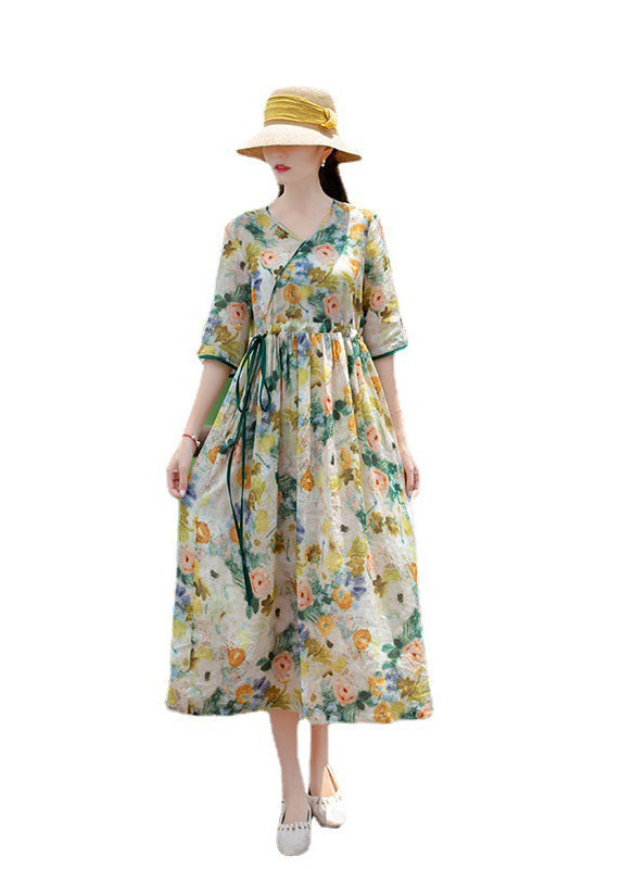 V Neck Drawstring Patchwork Linen Dress Summer