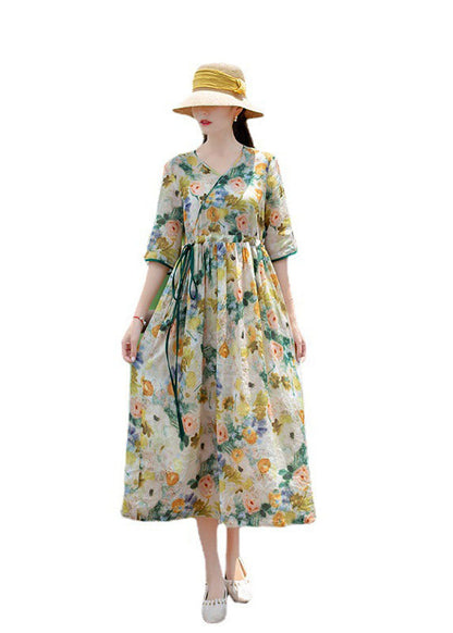 V Neck Drawstring Patchwork Linen Dress Summer
