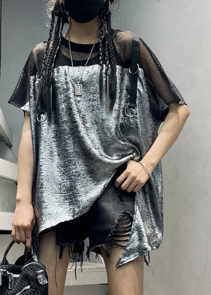 Italian Grey O-neck Asymmetrical Top Short Sleeve