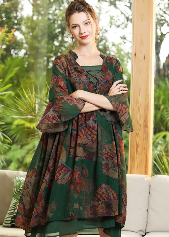 Green Print Ruffled Cross Strap Chiffon Dress Flare Sleeve
