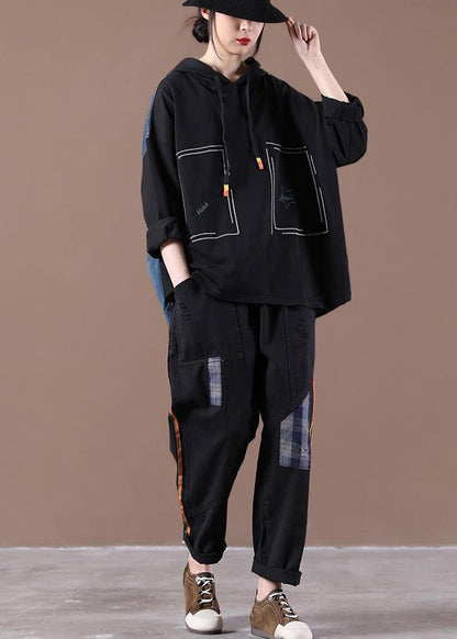 Black Denim Stitching Embroidery Suit