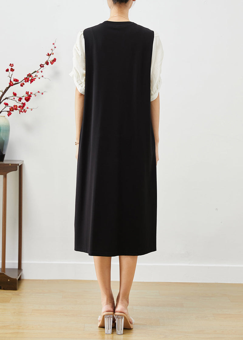 Black Puff Sleeve Patchwork Applique Spandex Dress