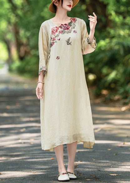Apricot Side Open Linen Dresses Embroidered Bracelet Sleeve Summer