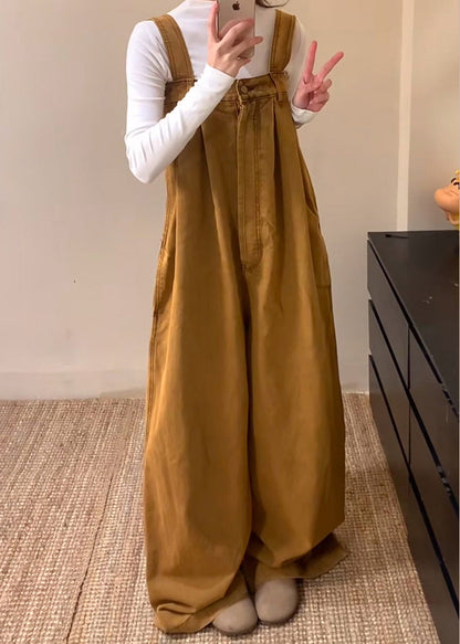 New Brown Button Denim Jumpsuits Sleeveless