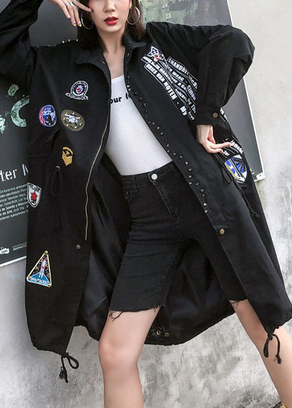 Modern Black Peter Pan Collar Zippered Fall Denim Long Sleeve Trench Coats