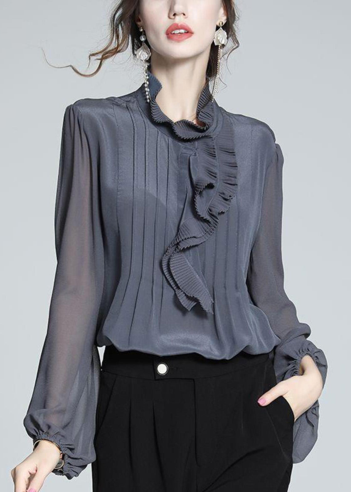 Grey Blue Ruffled Patchwork Chiffon Shirts Spring