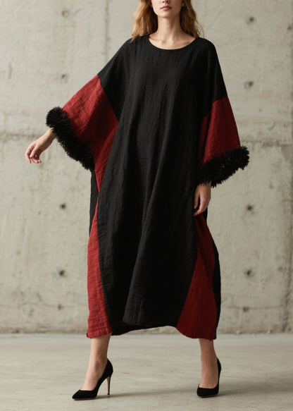 Organic Colorblock O Neck Patchwork Cotton Dress Fall