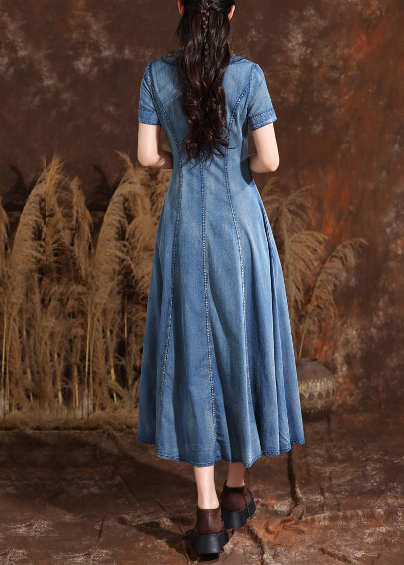 Handmade Light Blue O-neck Asymmetrical Embroidered Button Maxi Denim Dresses Summer