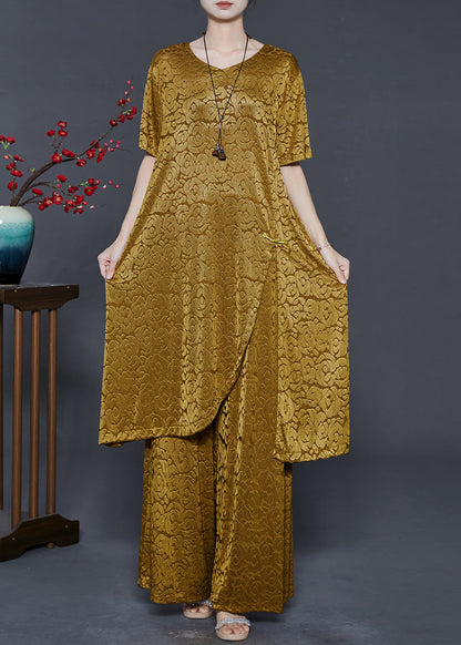Yellow Jacquard Side Open Chinese Button Silk Sets 2 Pieces Summer