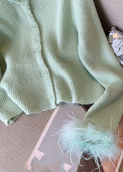 Style Light Green O-neck Button Cotton Knit Cardigan Fall