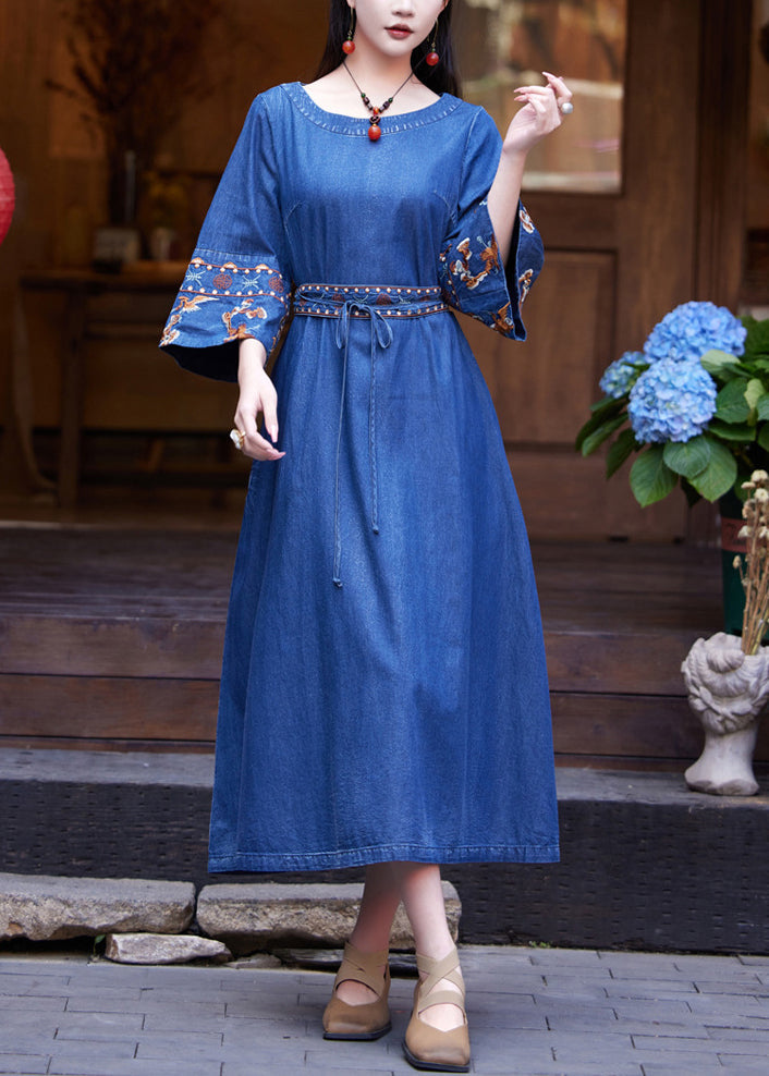 Denim Navy Patchwork Tie Waist Maxi Dress Flare Sleeve