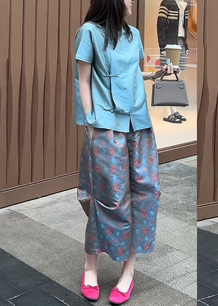 Blue Button Shirts and Crop Pants Two Piece Set Summer