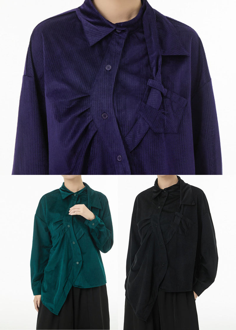Boutique Blackish Green Asymmetrical Wrinkled Silk Velour Shirts Spring
