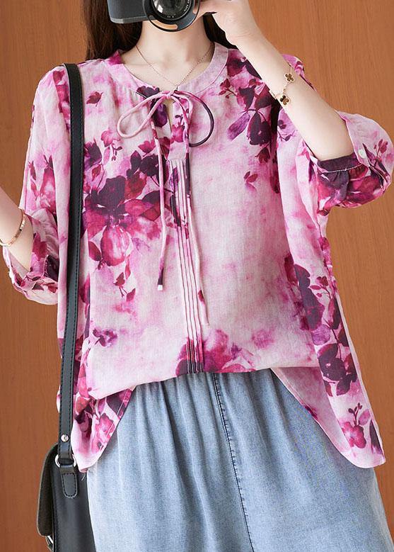 Pink Print Short Sleeve Summer Cotton Shirt Top
