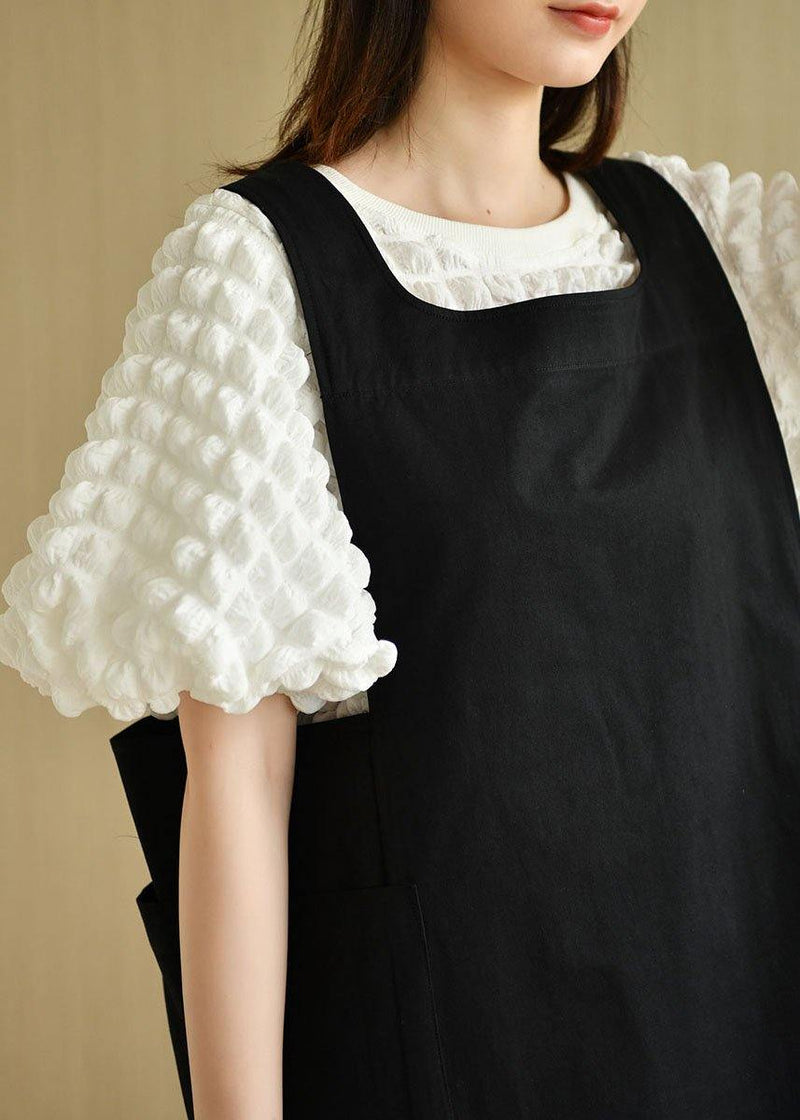 Modern Black Square Collar Pockets Summer Cotton Dresses Sleeveless