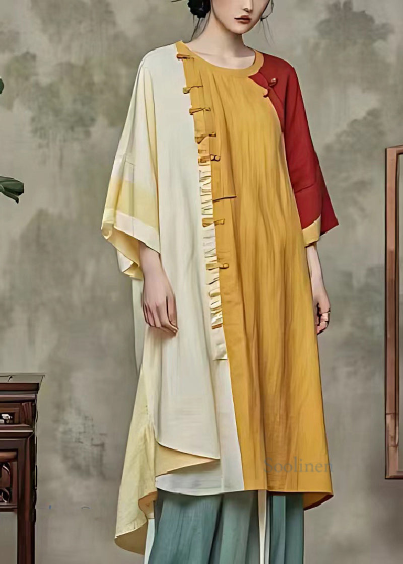 Yellow Oversized Patchwork Linen Shirt Dress Summer