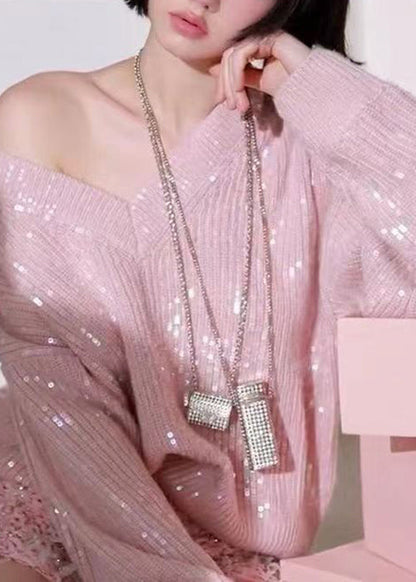 Pink V Neck Sequins Patchwork Knit Sweaters Fall