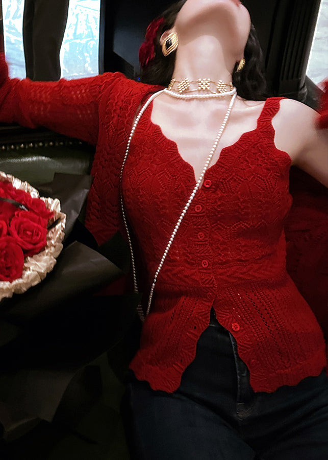 Red V Neck Tank and Cardigans Knit Two Pieces Set Fall