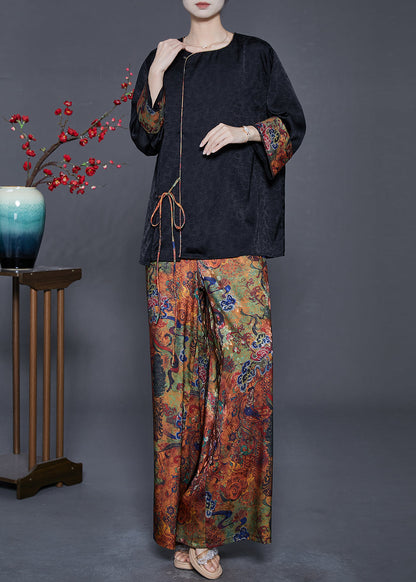 Black Print Patchwork Lace Up Silk Two Pieces Set Fall