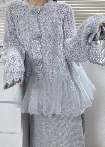 Pink Flower Patchwork Tulle Knit Cardigans Winter