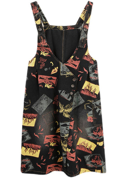 Black V Neck Asymmetrical Button Print Strap Denim Dress Summer