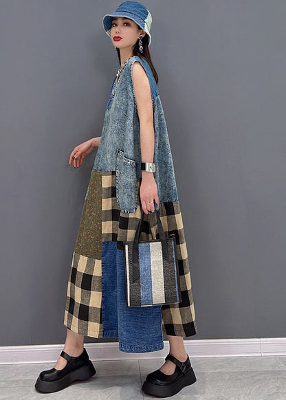 Blue V Neck Pockets Patchwork Plaid Cotton Denim Long Dresses Sleeveless