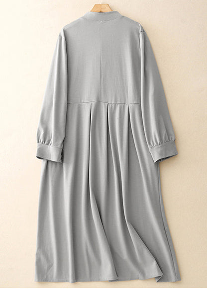 Light Blue Stand Collar Cotton Long Dresses Spring