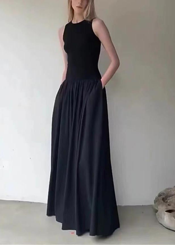 Italian Black Patchwork Silm Robe Cotton Dresses Sleeveless