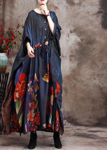 Loose Print Silk Dress Tie Waist Maxi Dress