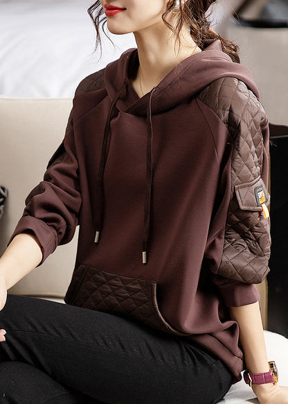 Coffee Lace Up Patchwork Thick Sweatshirt Hooded Long Sleeve