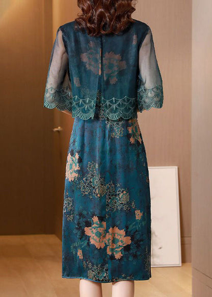 Natural Blue Stand Collar Patchwork Embroideried Silk Maxi Dress Summer
