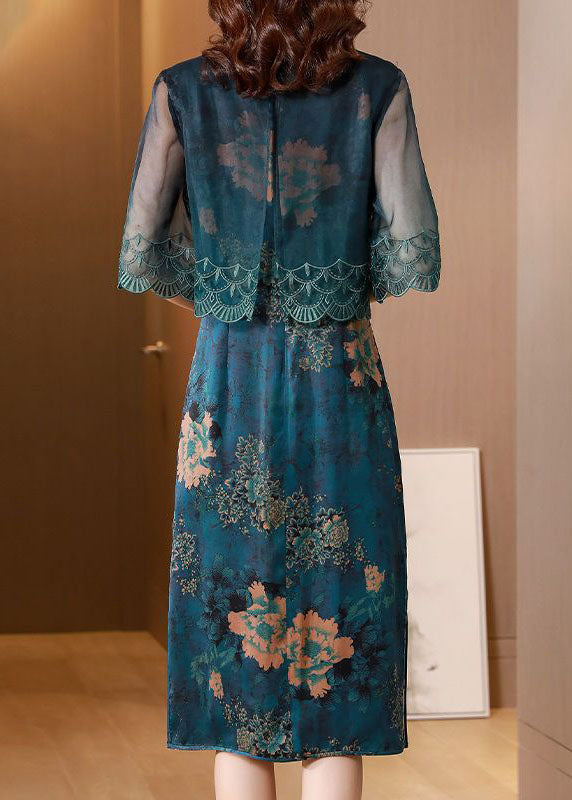 Natural Blue Stand Collar Patchwork Embroideried Silk Maxi Dress Summer