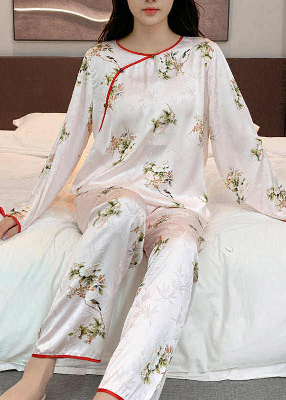 Chinese Style Beige O-neck Print Patchwork Ice Silk Two Pieces Set Long Sleeve