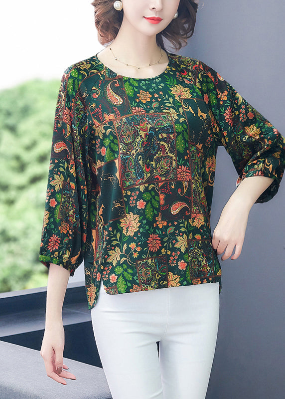 French Green O-neck Oversized Print Silk Top Bracelet Sleeve