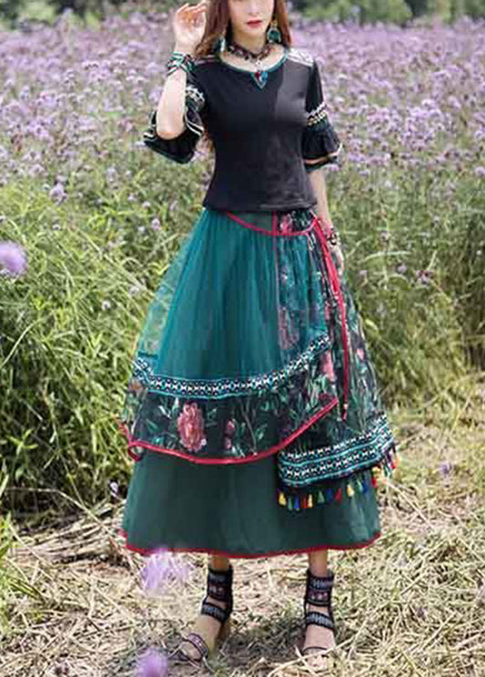 Green O-neck Top and Skirts Tulle Two Piece Set Summer