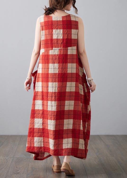 Natural Red Plaid Sleeveless Pockets Summer Dress