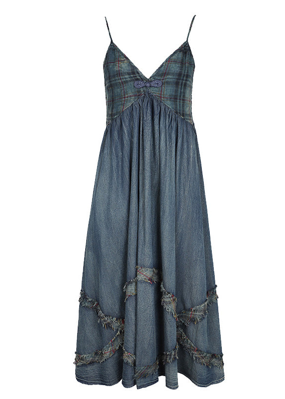 Blue Cinched V Neck Patchwork Spaghetti Strap Cotton Denim Dresses Spring