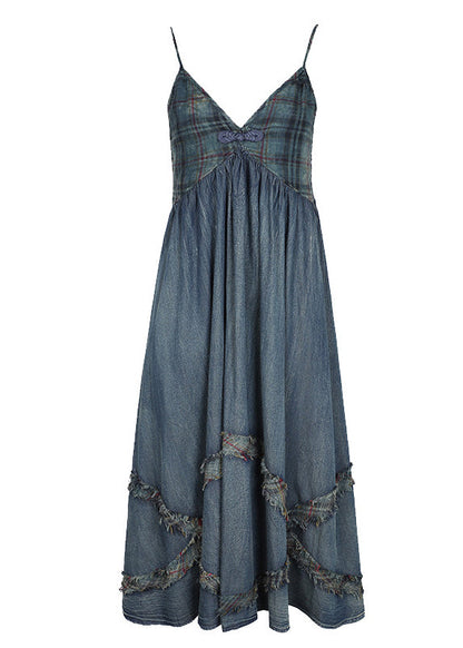 Blue Cinched V Neck Patchwork Spaghetti Strap Cotton Denim Dresses Spring