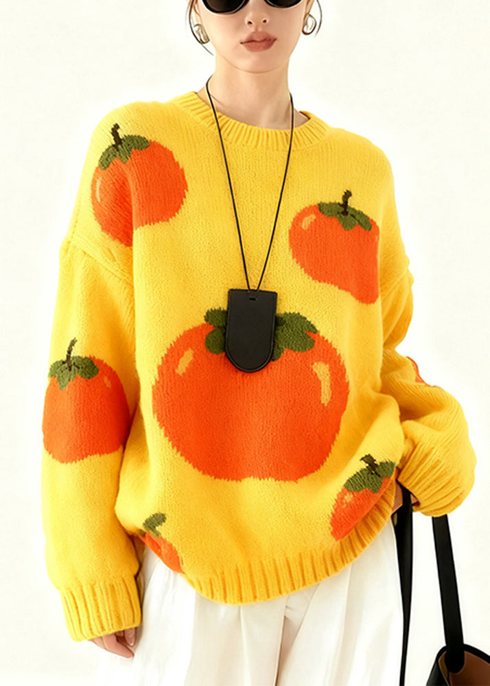 Yellow Oversized Tomato Jacquard Knit Pullover Winter