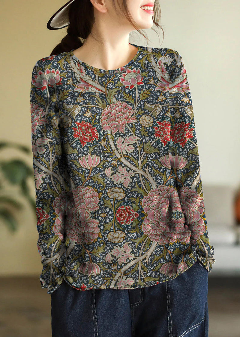 Blue O-neck Print Cotton Knitted Top Long Sleeve